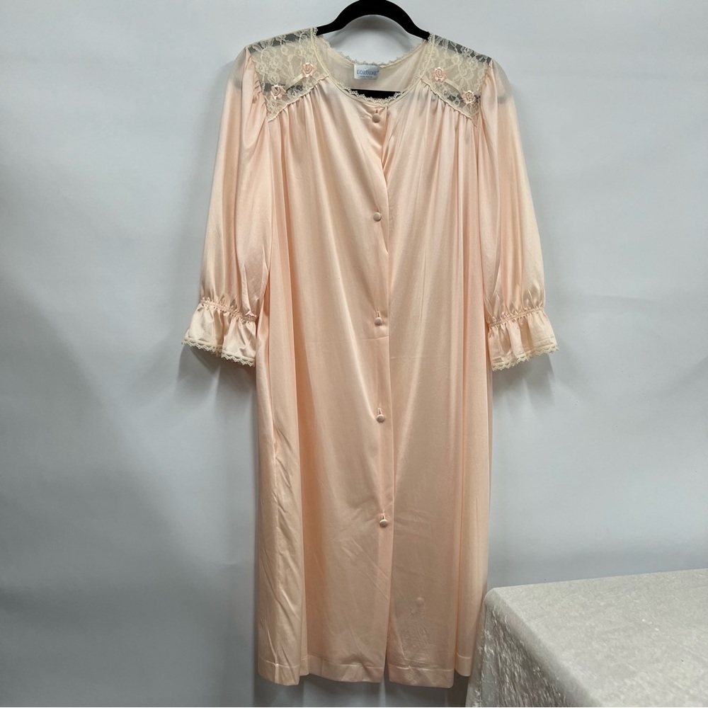 Vintage Late 1970-80's  Lorraine Pale Pink Floral Embroidered Nylon Robe FLAWED